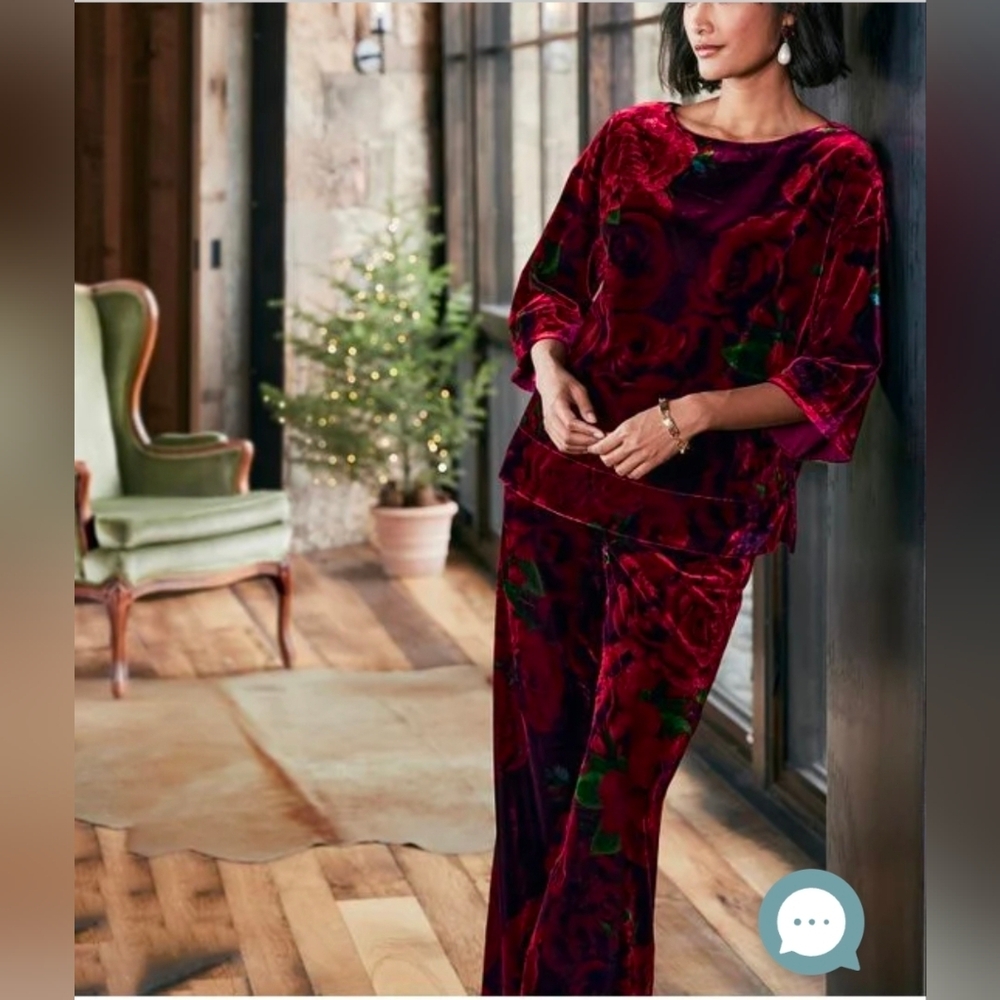 Soft Surroundings Aria Velvet Wide Leg Pants & Top SET Sz 2X Roses Pattern NEW